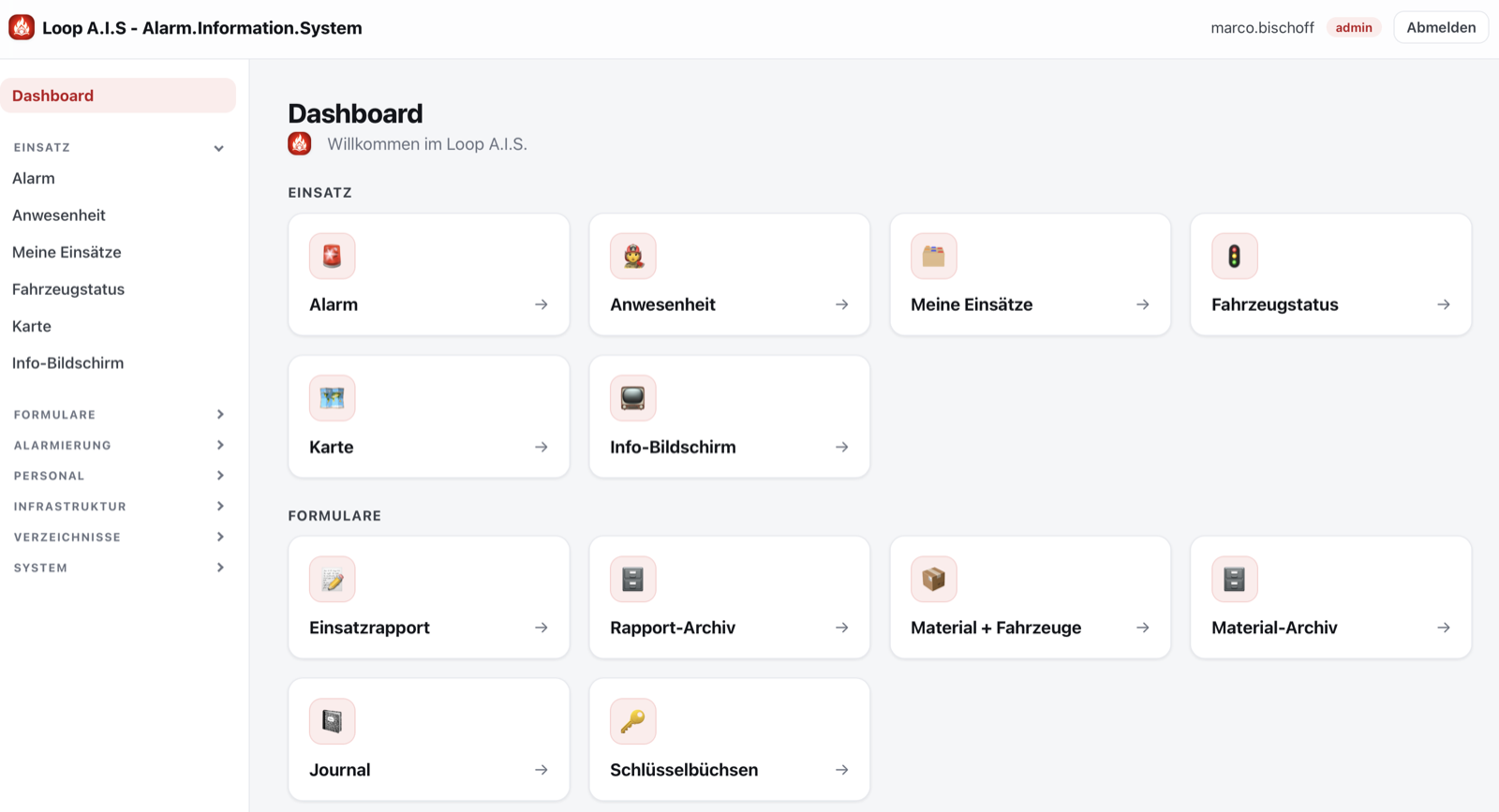 Loop A.I.S Web-Dashboard – Admin-Übersicht mit Einsatz, Formularen, Alarmierung und Verwaltung